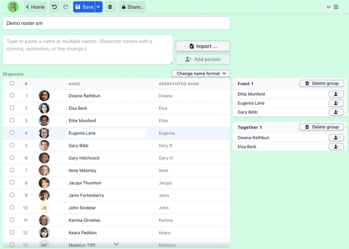 Roster creator screenshot in Seating Chart Maker. A list of student names is created with some names having an attached portrait. There are two sub-groups formed: three students are assigned to be seated in front of the classroom and two students are grouped to be seated next to each other.